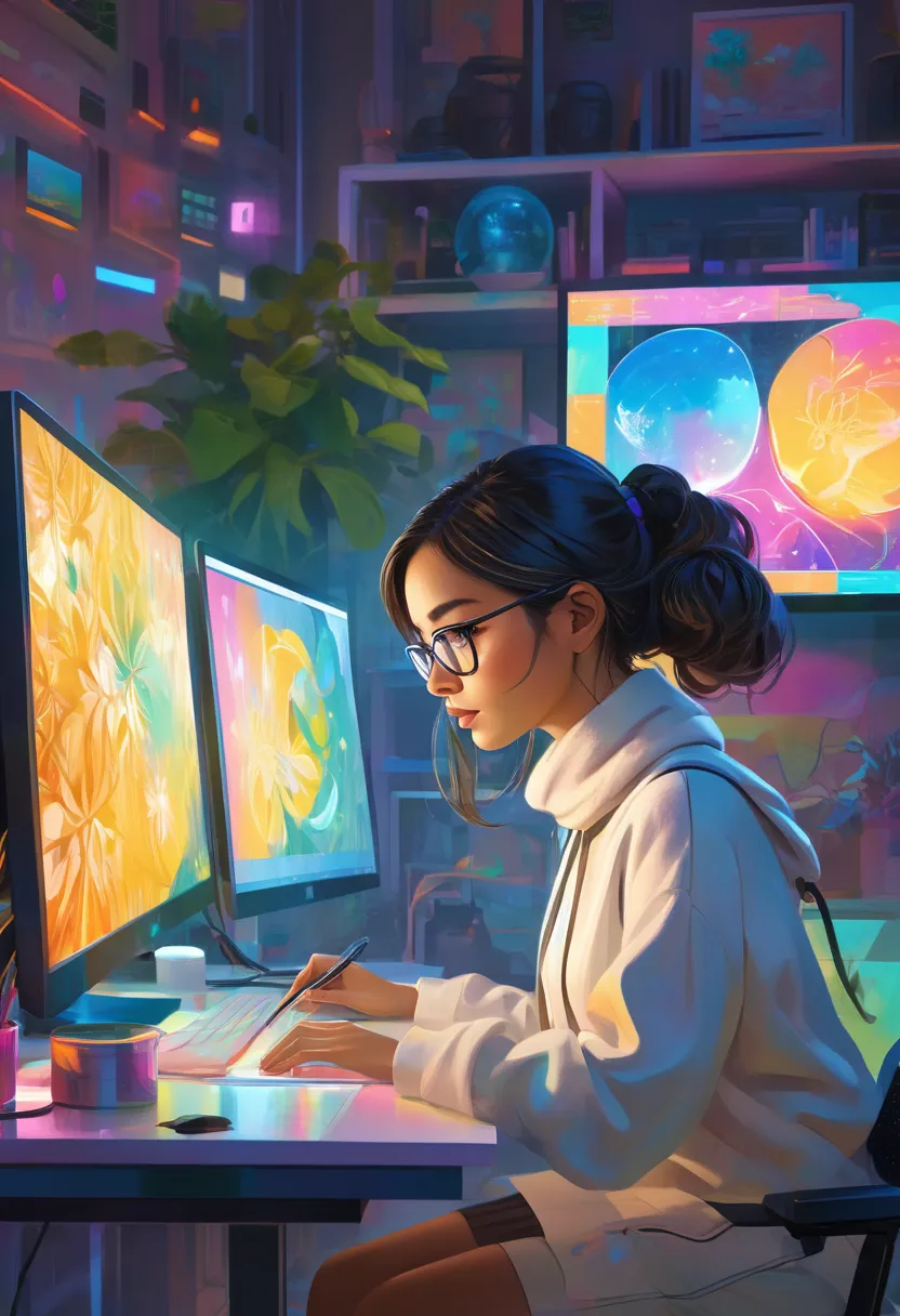 AI CUTE GIRL researcher, computer screen with product pictures, AI style of painting