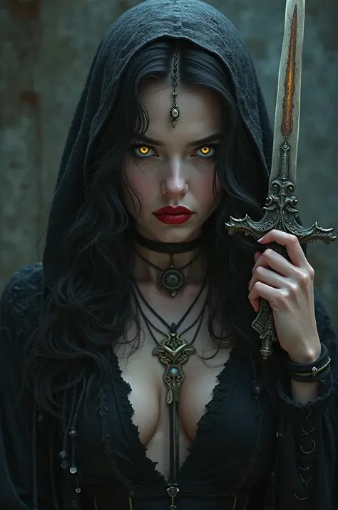 Sexy woman with black hair and red lips with a ritual dagger near the face and black clothes and yellow eyes