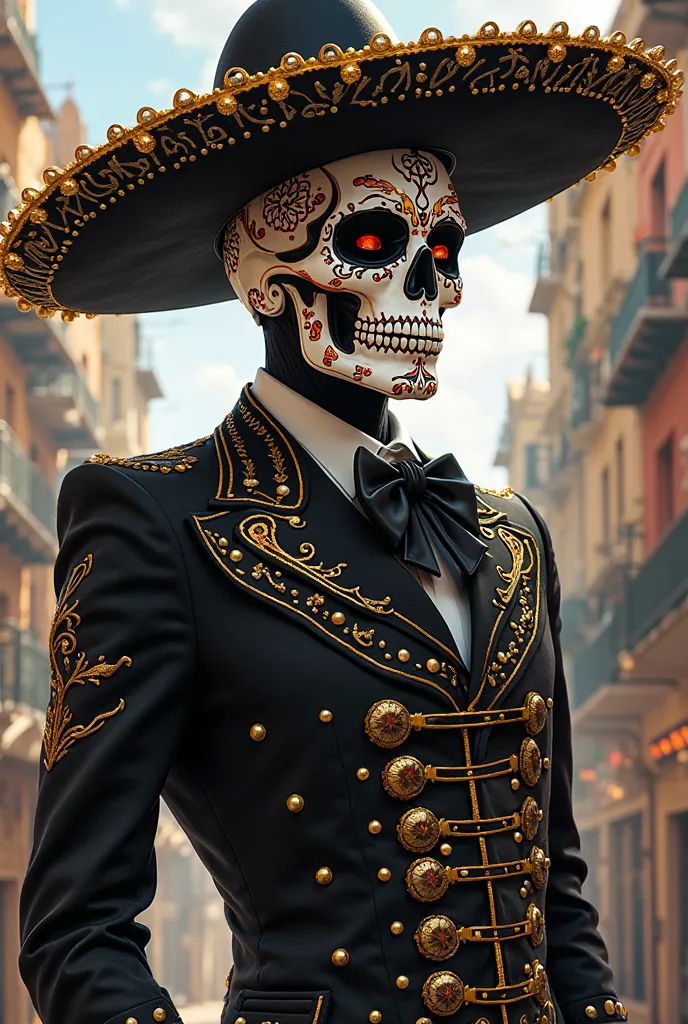 A black and gold lining mariachi with a white skull mask with sugar skull details in the mask mha style