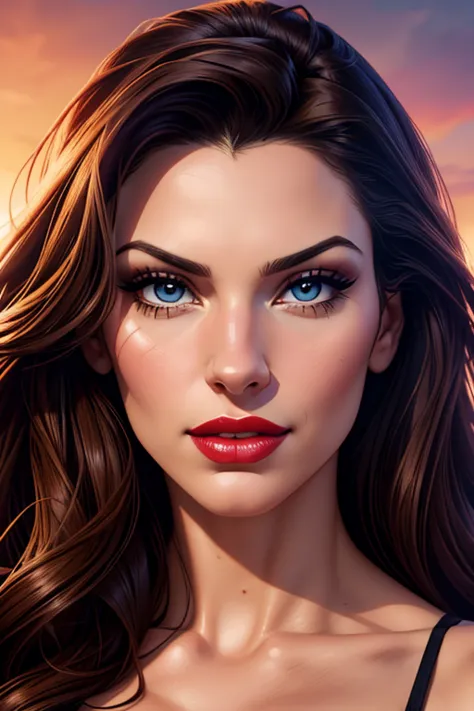 A portrait of a beautiful female whose facial features are a combo of Juliana Harkavy + Aria Giovanni. The female's hair is untied and hangs loose. The female has lovely makeup on her face. The female wears red lipstick. Comic-style realism animation mixed...