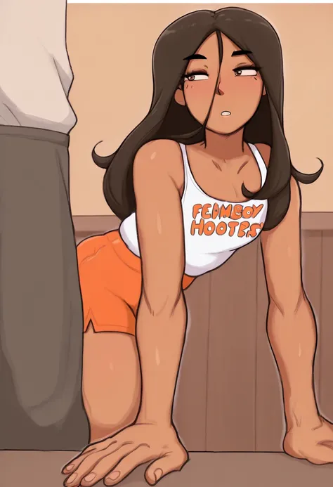 art by dross, artist:dross, best quality, masterpiece, 1boy, no bangs, brown skin, black hair, long hair, brown eyes, femboy hooters, face focus, rating_safe, safe for work, cute