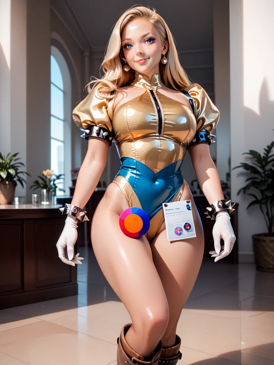 Girl, 23, tall, beautiful, attractive, gorgeous, sexy, medium breasted, sensual, blonde hair, round cut, blue eyes, wearing yellow, latex leotard with long, puffy sleeves and golden linings, long, brown boots, white gloves, spiked bracelets