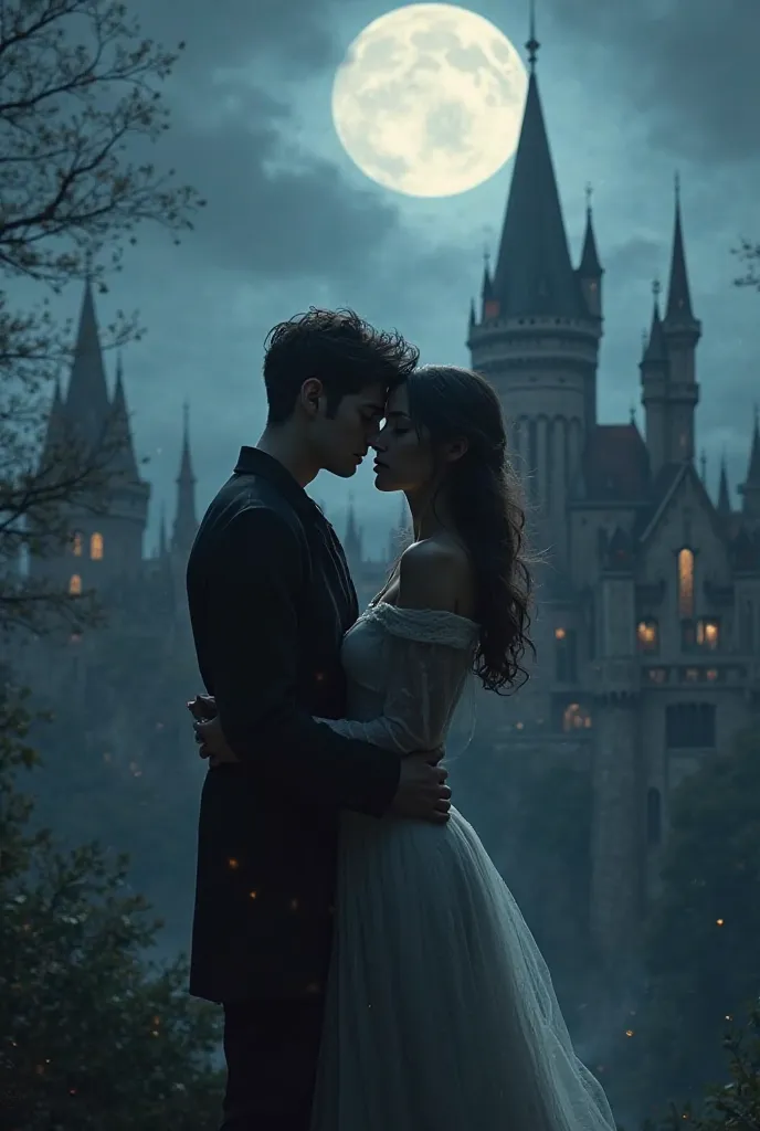 Dark romantic couple standing in front of a castle under moonlight the boy kissing the girl