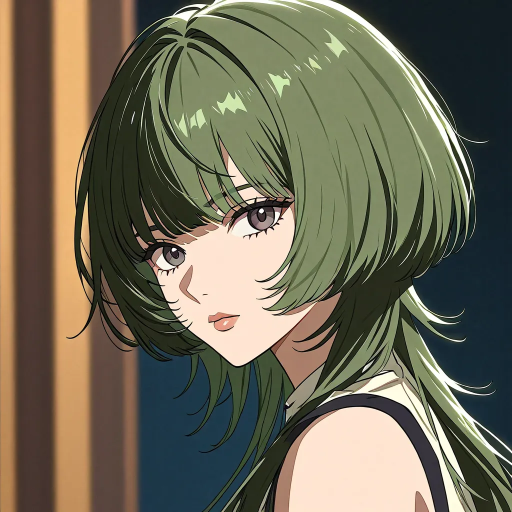 Create a black girl anime, highlighting green hair in a sideshave side, and the layers of her hair are graded to give it volume and look a little messy in the style of the wolf cut. The length is very flattering, with the bangs on the side.