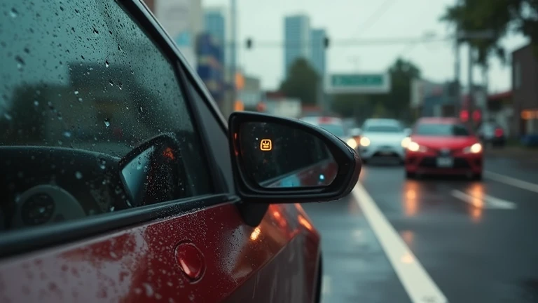 A stunning ultra-HD 8K shot captures the Toyota Corolla Cross 2025’s side mirror displaying a blind-spot monitoring alert. A small illuminated icon appears on the mirror’s surface, warning the driver of an approaching vehicle. The blurred motion of another...