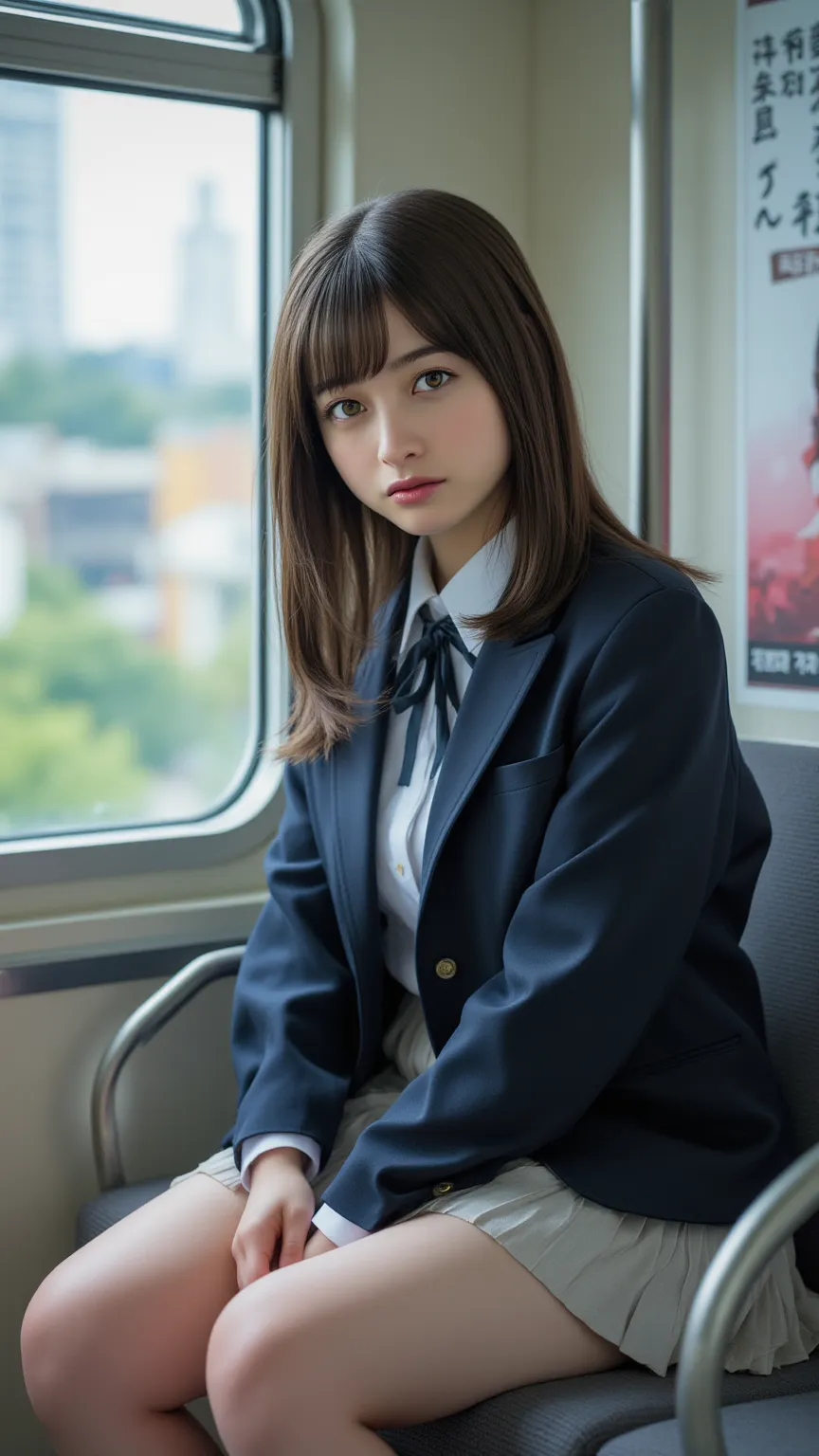  super realistic,   train seat.  she wears a traditional school uniform ,   including a navy blue blazer  , white shirt, pleated skirt,   and a properly tied ribbon or ribbon  .   her dark hair is simply  ,   and she has a thoughtful look  .   her thighs l...