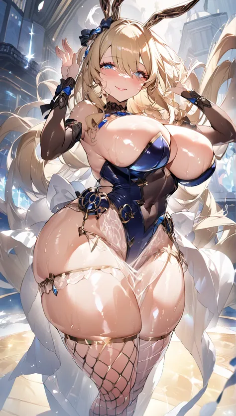 Anime illustration、alone,(Large Breasts)、(Perfect Eyes, Highest quality:1.2),Big and voluptuous breasts,Highest quality、idol carving、Perfect Proportions,Blonde、 Lower abdomen, blue and red Bunny Suit、Translucent fishnet stockings, Glowing White Skin, Shini...