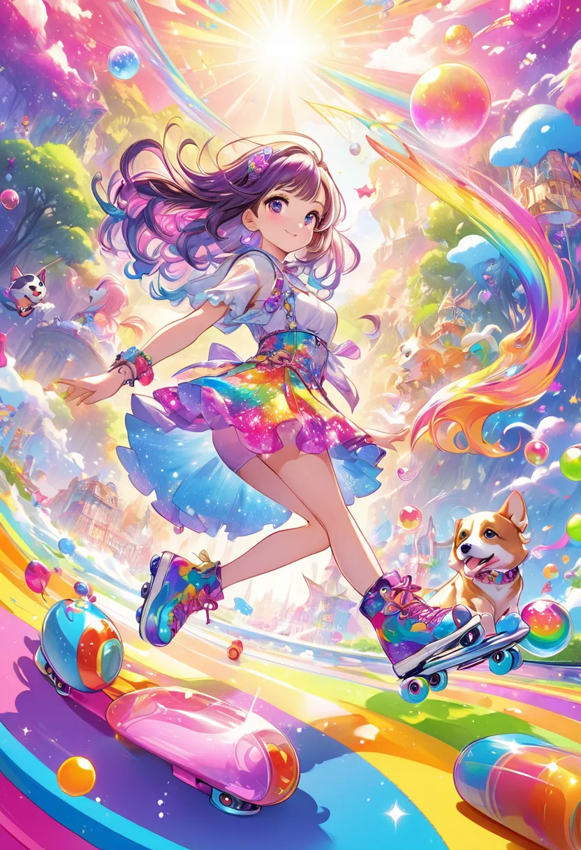 girl and dog roller skating、in Lisa Frank art style。colorful、fantasy art style、 Cute Detailed Digital Art 、colorfulデジタルファンタジーアート、colorfulなイラスト、 dreamy illustration 、colorfulなコンセプトアート、Beautiful Artwork Illustrations、 Anime Fantasy Illustrations 