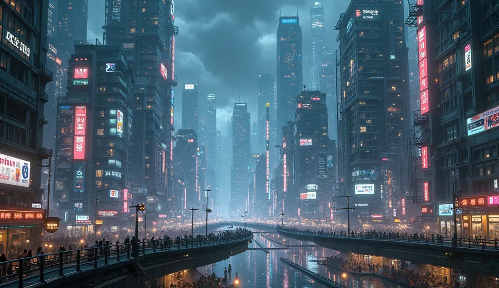 Thunder rumbles as the camera zooms in on a sprawling city at night. Bright lights flicker from skyscrapers, glowing screens everywhere.]