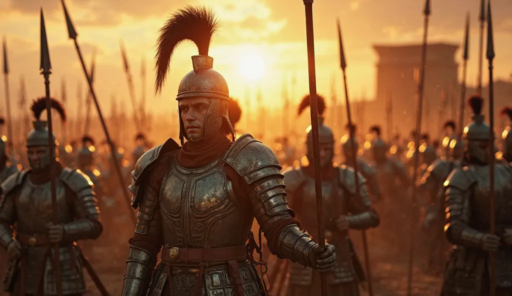 focus - theme : (Their armor gleams in the last rays of the sun, spears pointing straight up towards the sky like an impenetrable iron jungle) Supporting details : High realism, super quality, action photography style, ultra HD resolution, no fantasy, scie...