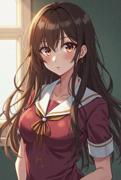 A  girl, whit vitiligo (white skin whit brown stains on it), brown long hair, brown eyes. L cup, round wide hips and a school unifotm. Anime style 