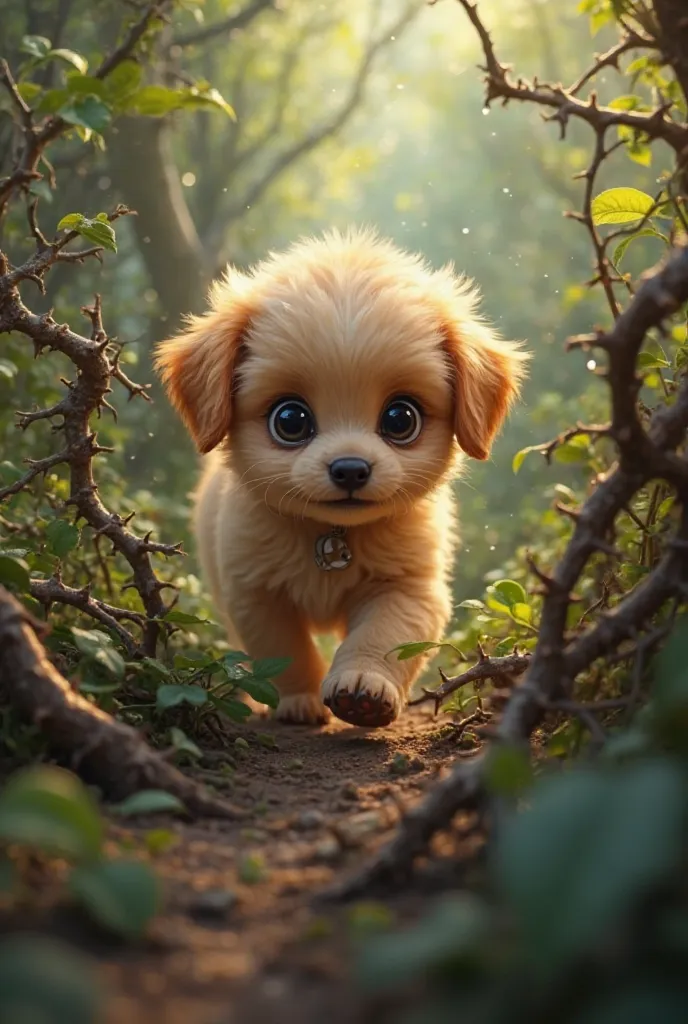 The puppy gently pushed aside thorny branches with its nose.
