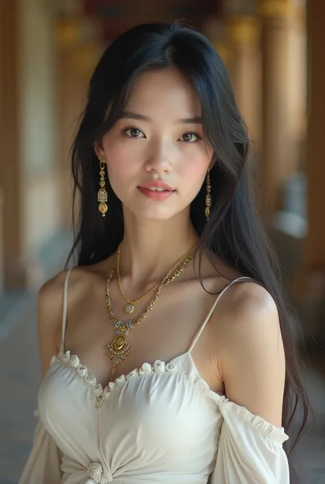 Full body portrait of beautiful 22-year-old Thai woman on her face (as beautiful as present-day Thais) Long straight black hair, White skin, black eyes, , anatomically correct ,  small breasts, Wearing Ayutthaya-era white dress and beautiful jewellery, not...