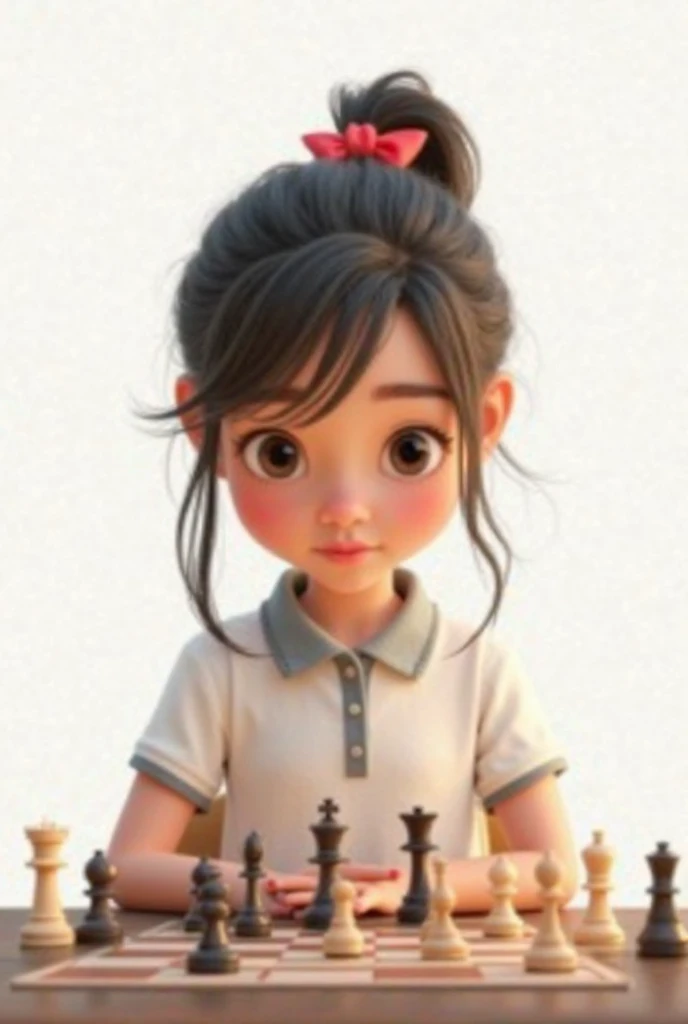 front page, Disney Pixar, Girl with long black hair tied with small red ribbon , medium black eyes , white polo with gray collar, Sitting down playing chess, white background.