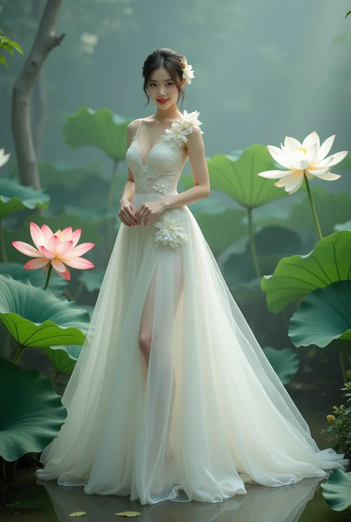 a woman in an elegant, flowing white gown adorned with floral designs. She is standing in a serene environment surrounded by large lotus flowers in various colors, including white and red, along with broad green leaves. The setting resembles a tranquil gar...