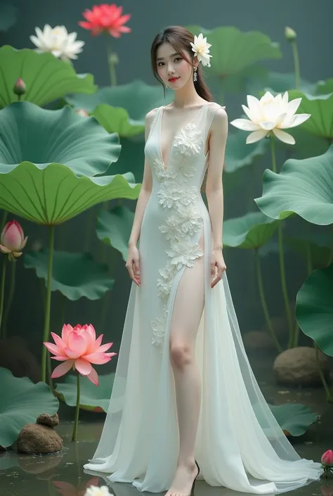 a woman in an elegant, flowing white gown adorned with floral designs. She is standing in a serene environment surrounded by large lotus flowers in various colors, including white and red, along with broad green leaves. The setting resembles a tranquil gar...