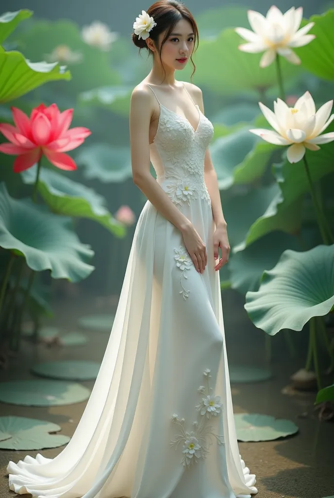 a woman in an elegant, flowing white gown adorned with floral designs. She is standing in a serene environment surrounded by large lotus flowers in various colors, including white and red, along with broad green leaves. The setting resembles a tranquil gar...