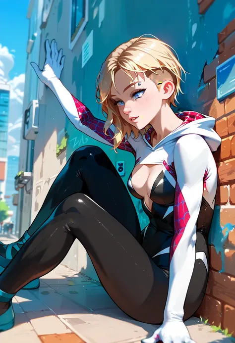 spider gwen, dynamic shot, dynamic angle, crawling on wall, 