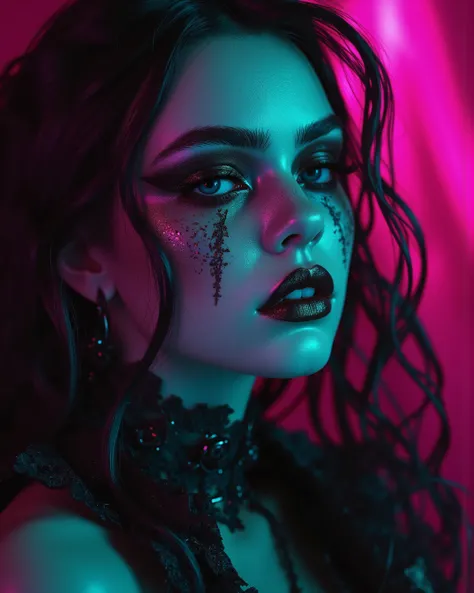 Ultra realistic, photorealistic, realism, realistic gothic babe. Black eyeshadow,black lipstick,a lot of makeup, gothic revealing clothes, highly detailed and hyper realistic composition,fancy, full frame, hyper detailed and very popular on artstation, cin...