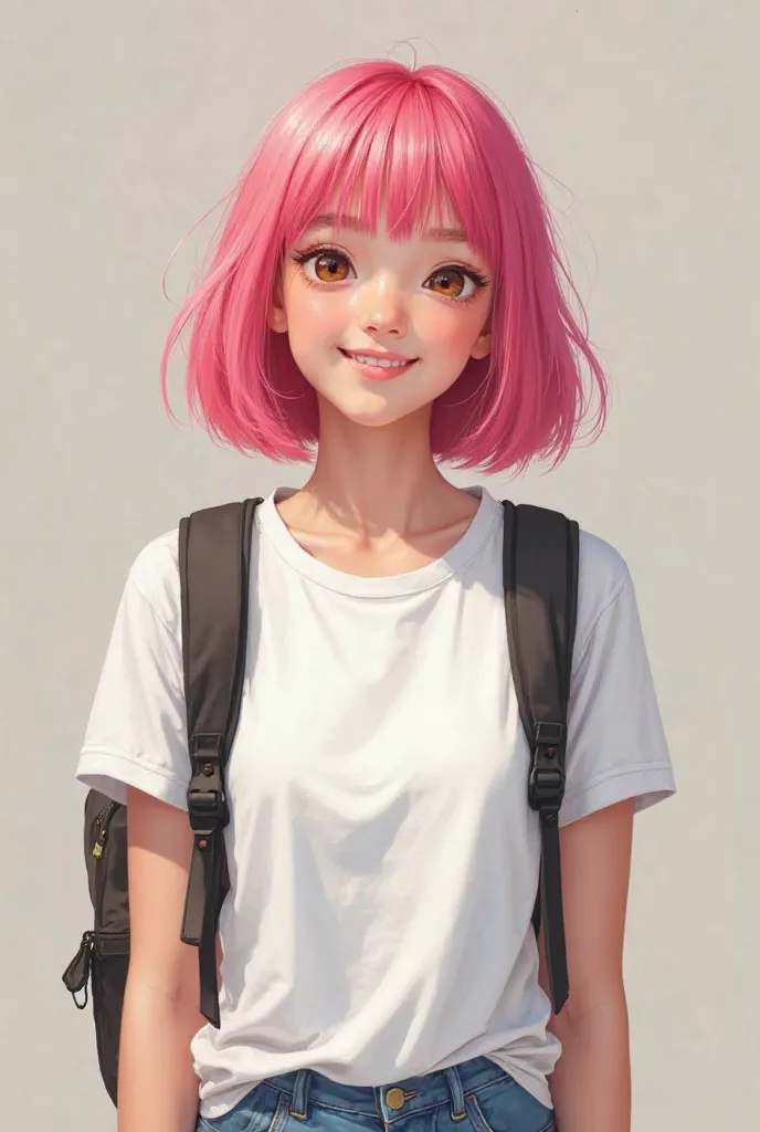 A realistic full-length photo of a beautiful 18-year-old girl with bright pink hair, wearing a white T-shirt, standing straight and smiling, with a backpack slung over her shoulder