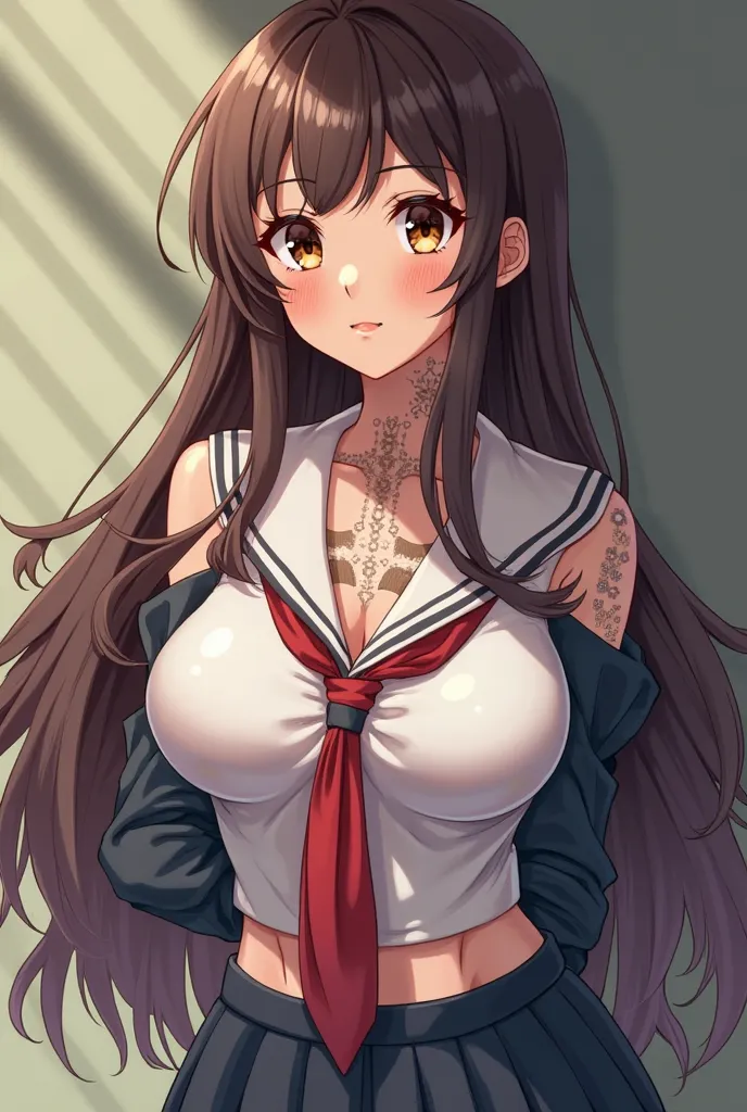 A  girl, whit vitiligo (white skin whit brown stains on it), brown long hair, brown eyes. L cup, round wide hips and a school unifotm. Anime style 