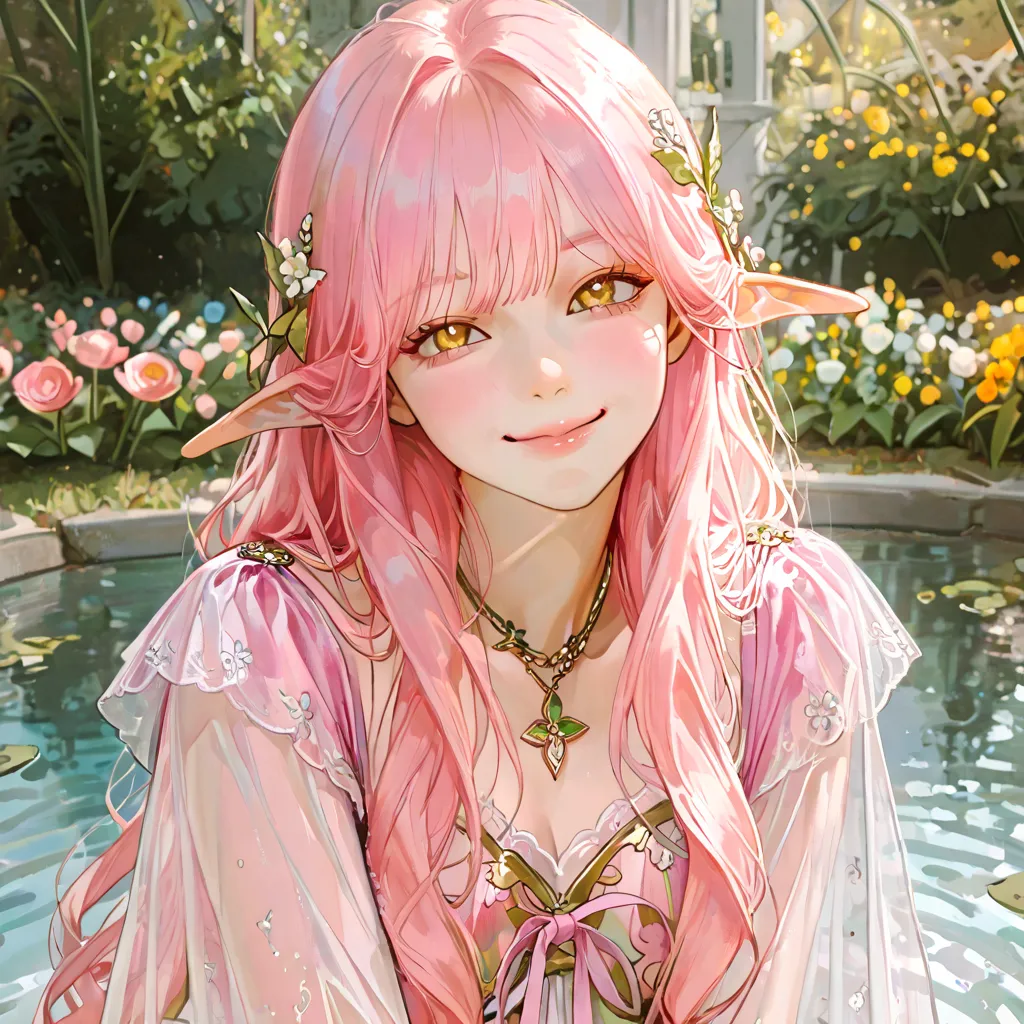 4k , 8k , (only 1 female light pink hair with yellow eyes color) , (((curly long hair style))) , 25 years old , ((fairycore clothes))  , novel , manhwa , very details , hair details , very anime eyes details  , ตรงตามกายวิภาคมนุษย์ ,ร่างกายสมส่วน , Korean ...