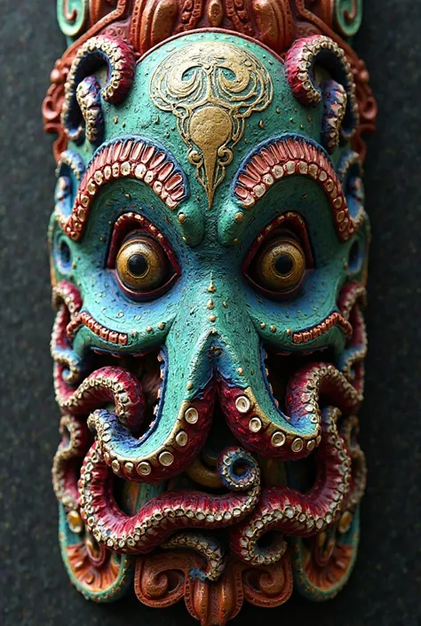 Create a tiki mask that represents an octopus and that contains bright and strong colors