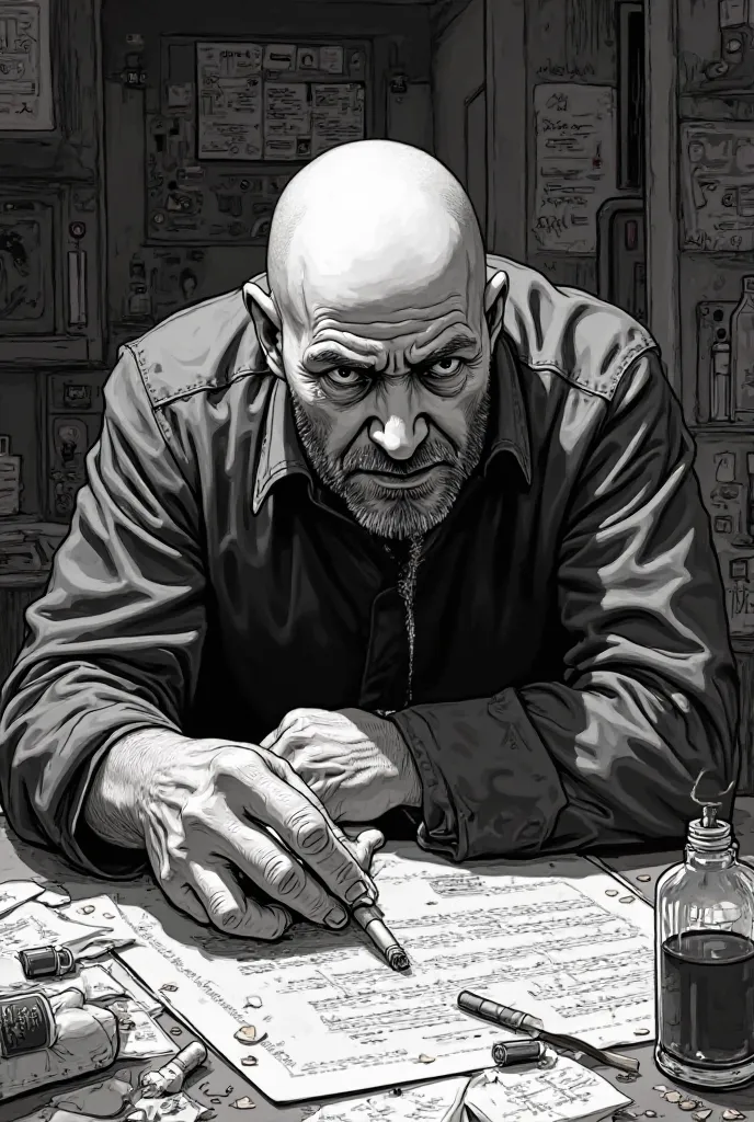 Black and white cartoon . a man with a shaved head crying behind his computer.  Whiskey bottles and cigarettes everywhere.Write GOULESQUERIE  