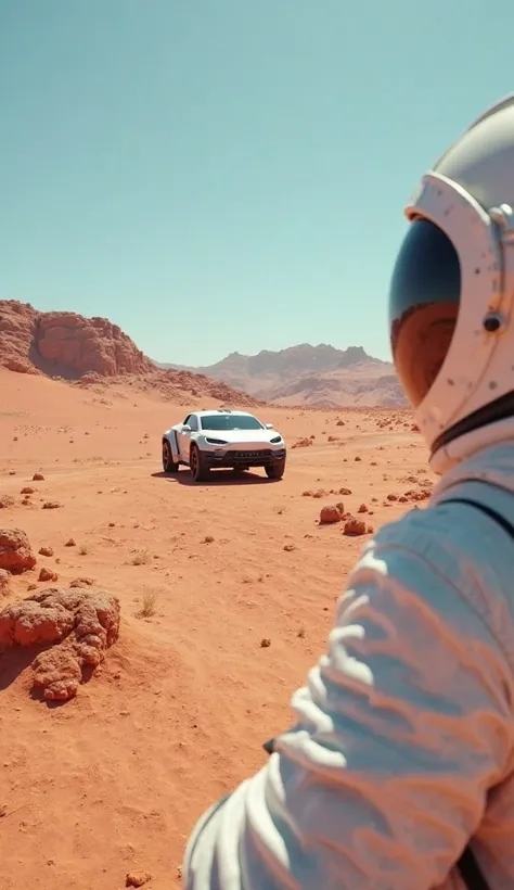 A hyper-realistic first-person perspective of an astronaut on Mars, captured in ultra-high-definition 12K. Only the astronaut’s arm, covered in a detailed white spacesuit, is visible, extended forward as they observe the vast Martian landscape. The dry, re...