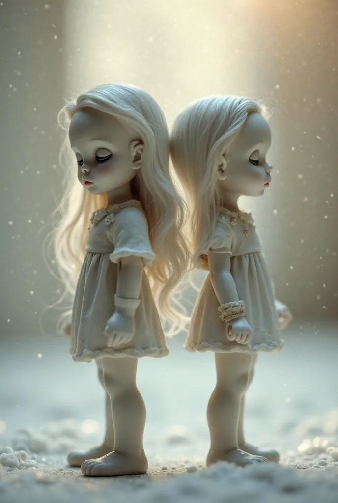 Two little dolls turning their backs to each other。One person has a long hairstyle。One person is short。It is said that it symbolizes good and evil。Soft Light