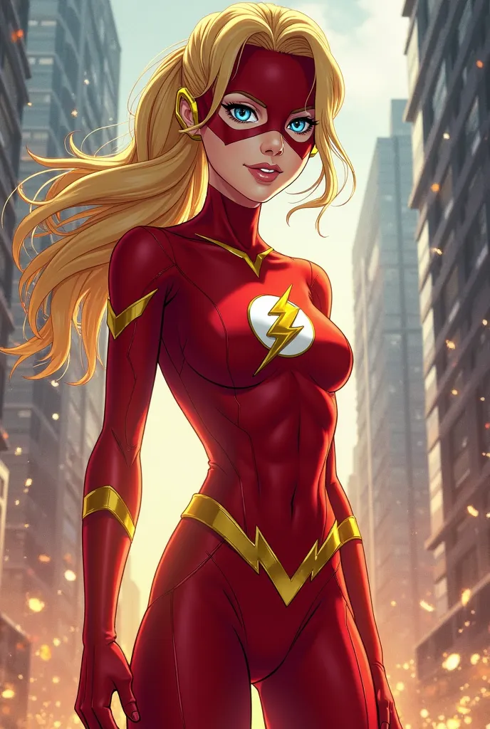 girl with blonde hair and blue eyes. her hair in a ponytail. she wears the flash jumpsuit with a mask. justice league unlimited style