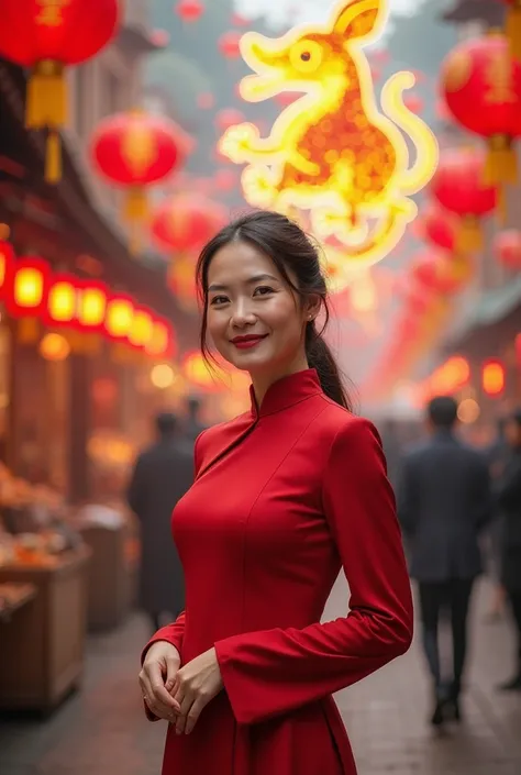 "A 40-year-old woman with an East Asian appearance, dressed in an elegant traditional red outfit, celebrating Chinese New Year in a lively market. She stands confidently, facing the camera with a warm and joyful expression. The background is filled with a ...