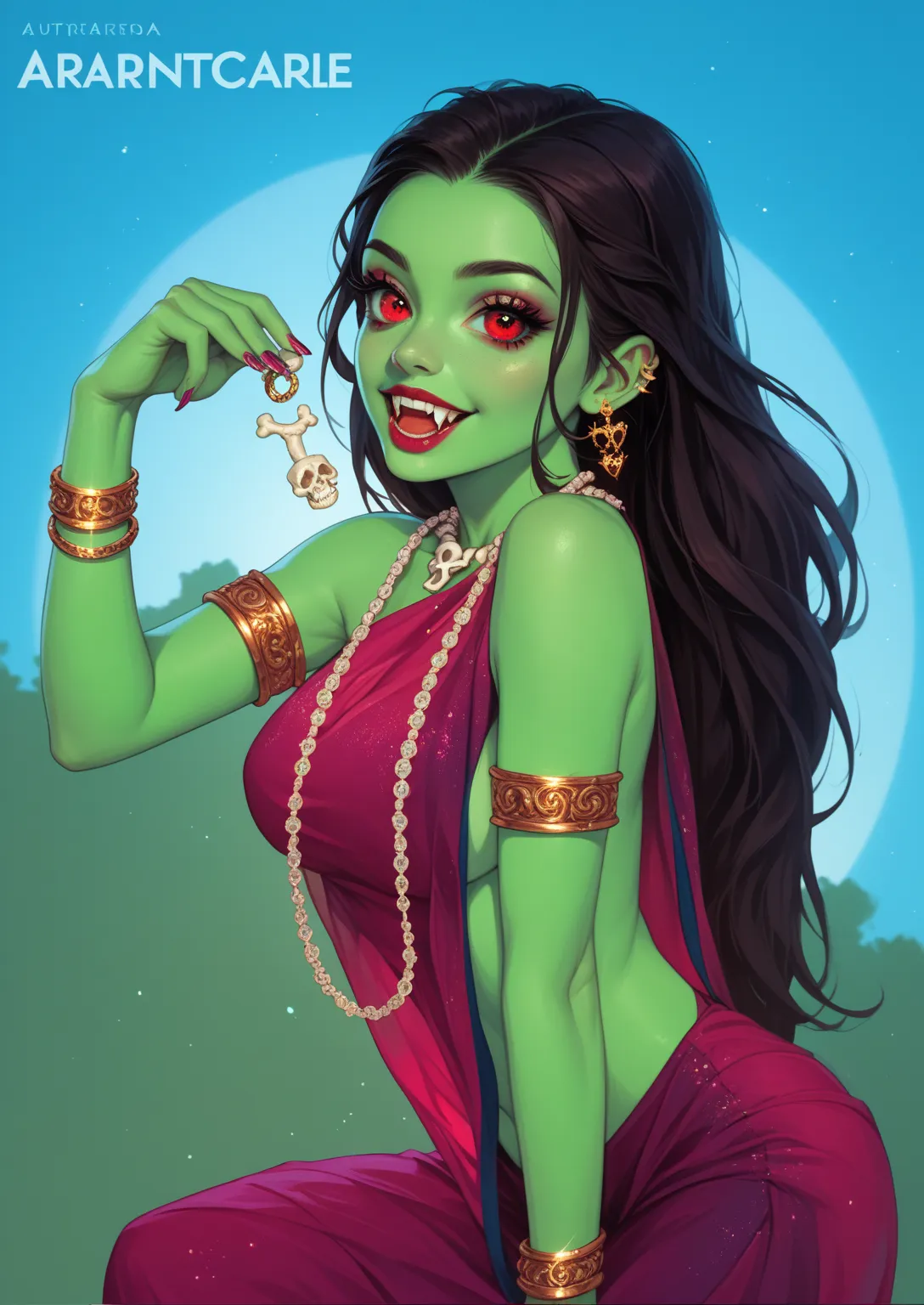 Ghost girl, skin color green, pink&deep-green sharee, red eyes, vampire like teeth, breslet like golden ornaments in two hands, necklace made of bones. Appealing expression on face. 