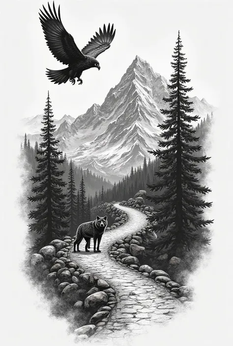 a picture of a winding road to the mountains with a wolf standing on it and an eagle flying against the background of the mountains as a forearm tattoo no color