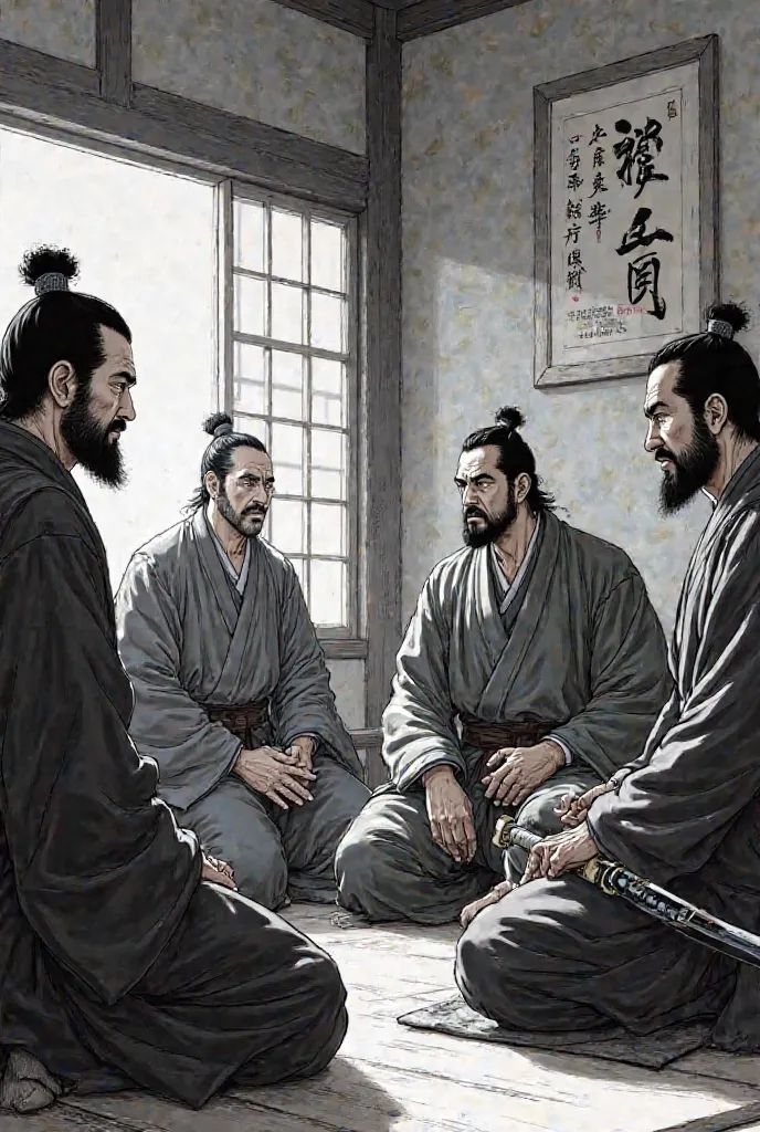 Myamoto Mushashi, Sasaki Kojiro,Ittosai Itto,inei hozoin.. Are sitting in a room.. Art style will be Manga type