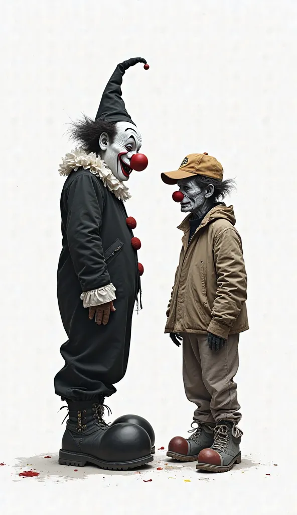 white background, drawing of two clowns one is black and silly and the second is poor and wears sneakers and a Nike cap