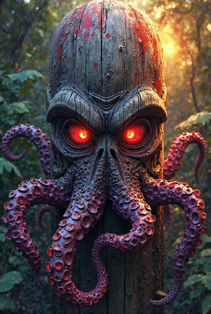 Create a tiki mask that represents an evil octopus and contains bright colors