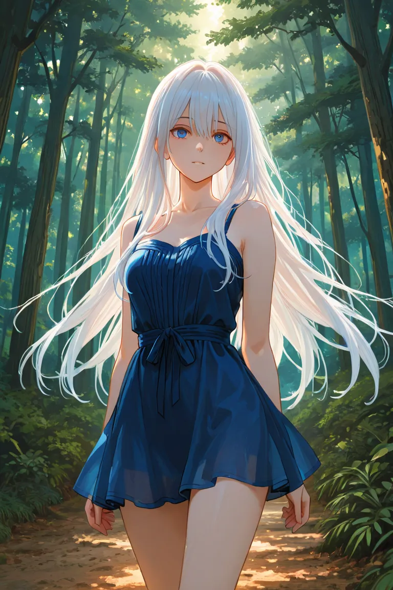 full body girl walking around the forest alone, with white long hair and blue eyes, wearing purple mini dress