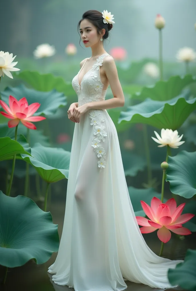 a woman in an elegant, flowing white gown adorned with floral designs. She is standing in a serene environment surrounded by large lotus flowers in various colors, including white and red, along with broad green leaves. The setting resembles a tranquil gar...