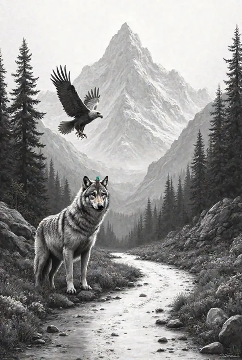 a picture of a winding road to the mountains and trees with a wolf standing on it and an eagle flying against the background of the mountains as a black and white forearm tattoo