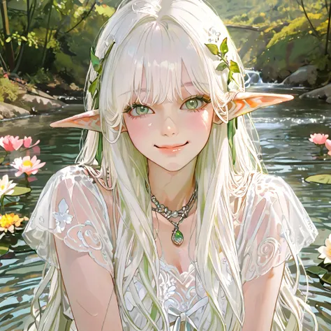 4k , 8k , (only 1 female white hair with green eyes color) , (((curly long hair style))) , 25 years old , ((fairycore white clothes))  , novel , manhwa , very details , hair details , very anime eyes details  , ตรงตามกายวิภาคมนุษย์ ,ร่างกายสมส่วน , Korean ...