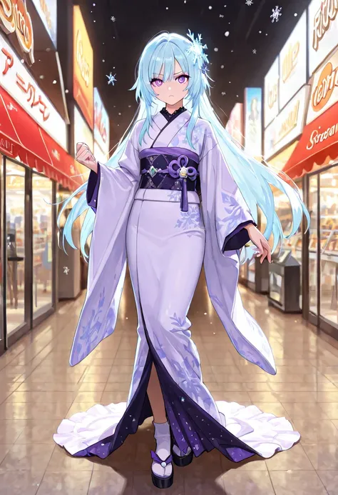   masterpiece,amazing quality,best quality,ultra-detailed,8k,illustration,CG,　 1girl , 1 beautiful girl doing a shopping mall photo session、 Lolita Style, light blue hair color ,Long Hair,  purple and white kimono ,  purple eyes,beautiful eyes,moody lighti...