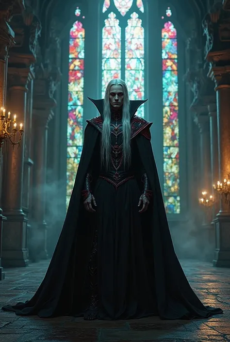 Dark vampire lord with long white hair, crimson eyes, and a gothic cape, standing in a moonlit castle with stained glass windows, ultra-detailed, dramatic lighting