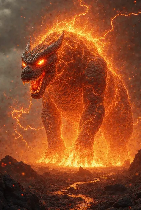 A colossal, glowing electric beast emerging from the heart of an erupting volcano. Its body crackles with lightning, and its molten eyes burn like miniature suns. The ground trembles as it lets out a thunderous roar, sending shockwaves across the lava-fill...