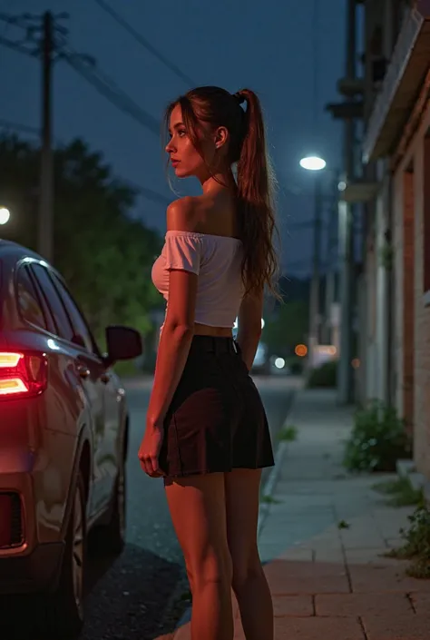 night,alley,miniskirt next to the car,Short sleeve off shoulder,, long hair,and is fitted with a steel pipe ,A girl who is incredibly pretty and skinny enough to look like a bone,I have my hair tied up.,