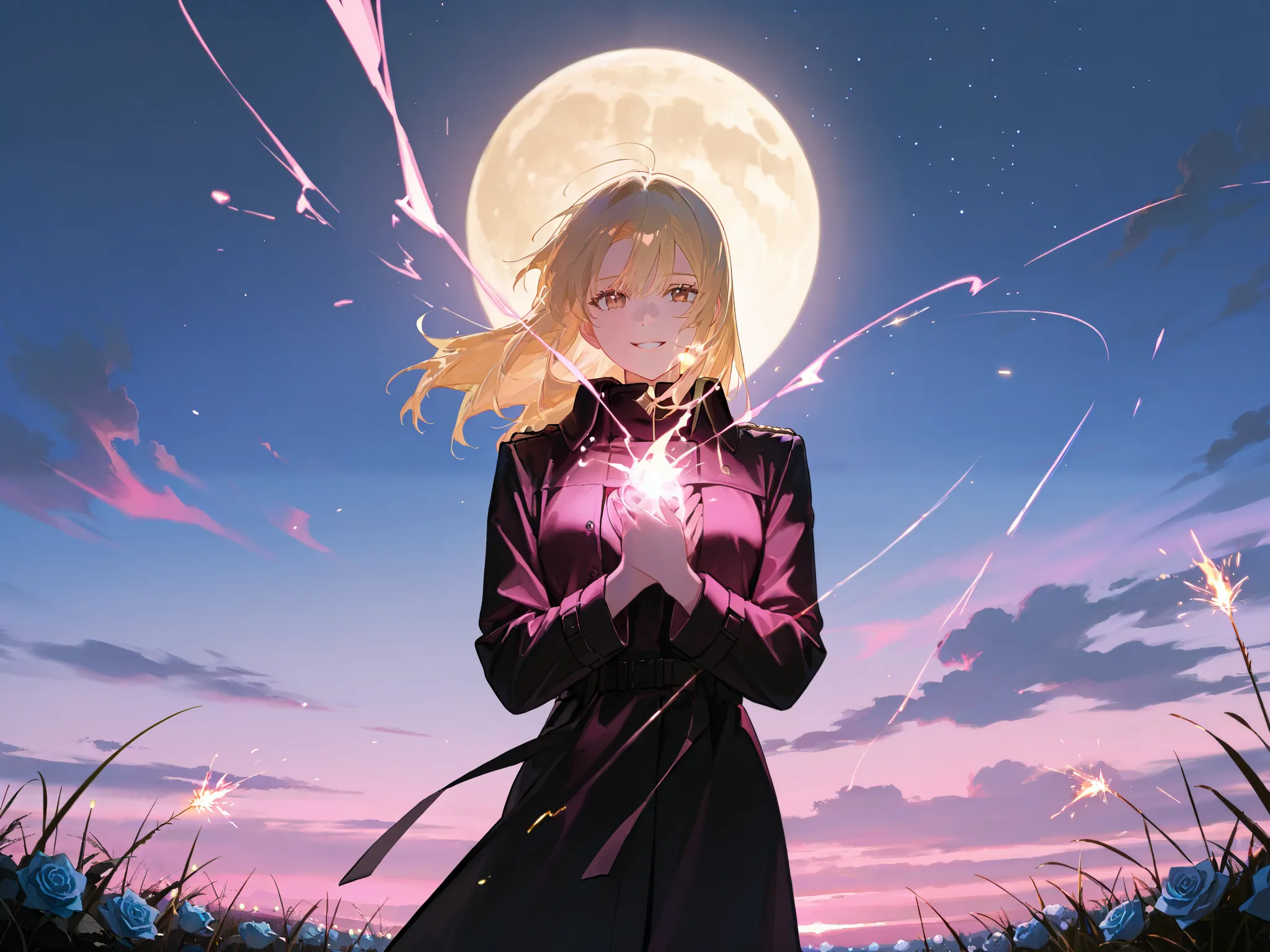 1girl,     Long-haired blonde    , long blond golden hair flutters in the wind,    brown eyes,  brown eyes  , The girl in a black and white coat, Holding a large purple-pink-gold light at her chest in front of face, glowing with fiery golden-purple and pin...