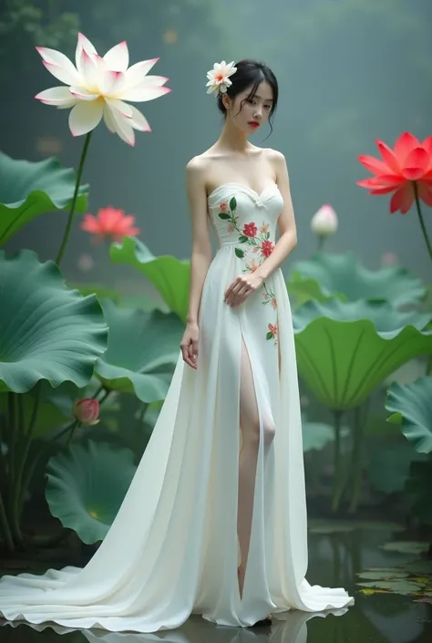 a woman in an elegant, flowing white gown adorned with floral designs. She is standing in a serene environment surrounded by large lotus flowers in various colors, including white and red, along with broad green leaves. The setting resembles a tranquil gar...