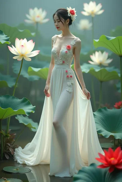 a woman in an elegant, flowing white gown adorned with floral designs. She is standing in a serene environment surrounded by large lotus flowers in various colors, including white and red, along with broad green leaves. The setting resembles a tranquil gar...