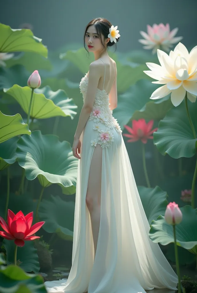 a woman in an elegant, flowing white gown adorned with floral designs. She is standing in a serene environment surrounded by large lotus flowers in various colors, including white and red, along with broad green leaves. The setting resembles a tranquil gar...