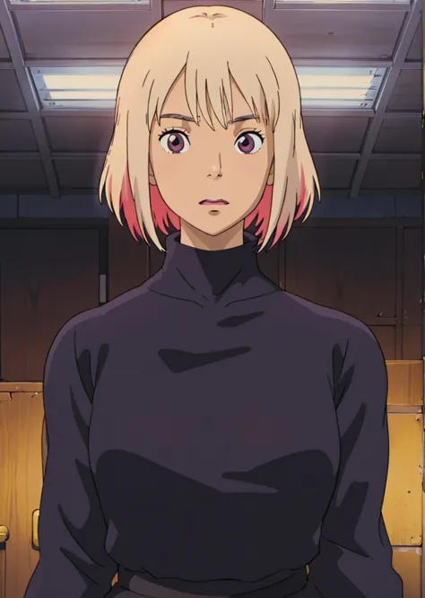 a woman in a black turtle neck top and a black skirt, anime visual of a young woman, female anime character, as an anime character, anime girl named lucy, still from tv anime, in an anime, portrait of a female anime hero, shuushuu anime image, screenshot f...